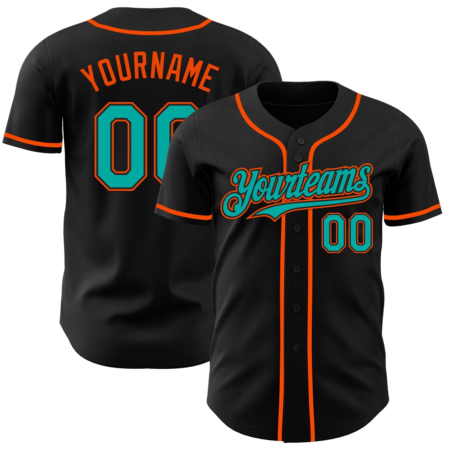 Custom Black Aqua-Orange Authentic Baseball Jersey - Main View