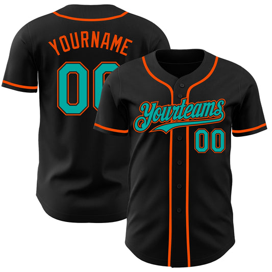 Custom Black Aqua-Orange Authentic Baseball Jersey - Main View
