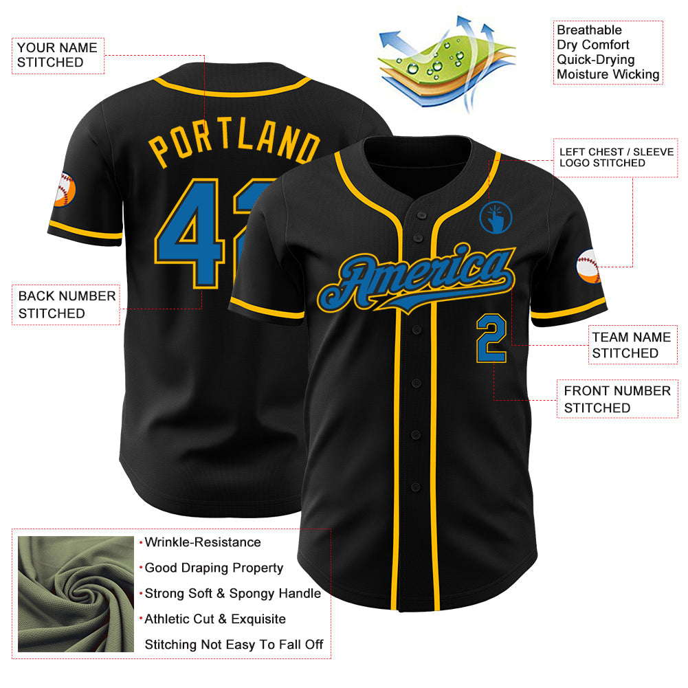 Custom Black Blue-Gold Authentic Baseball Jersey view 3