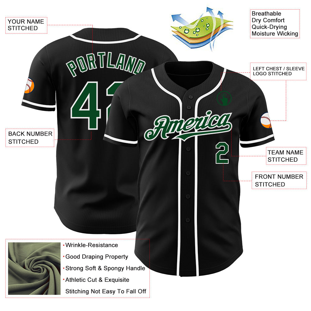 Custom Black Green-White Authentic Baseball Jersey view 3