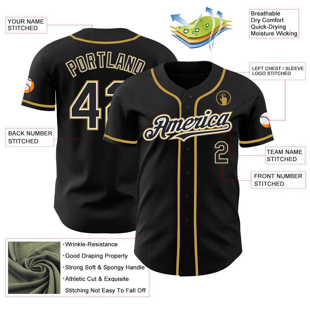 Custom Black White-Old Gold Authentic Baseball Jersey view 3