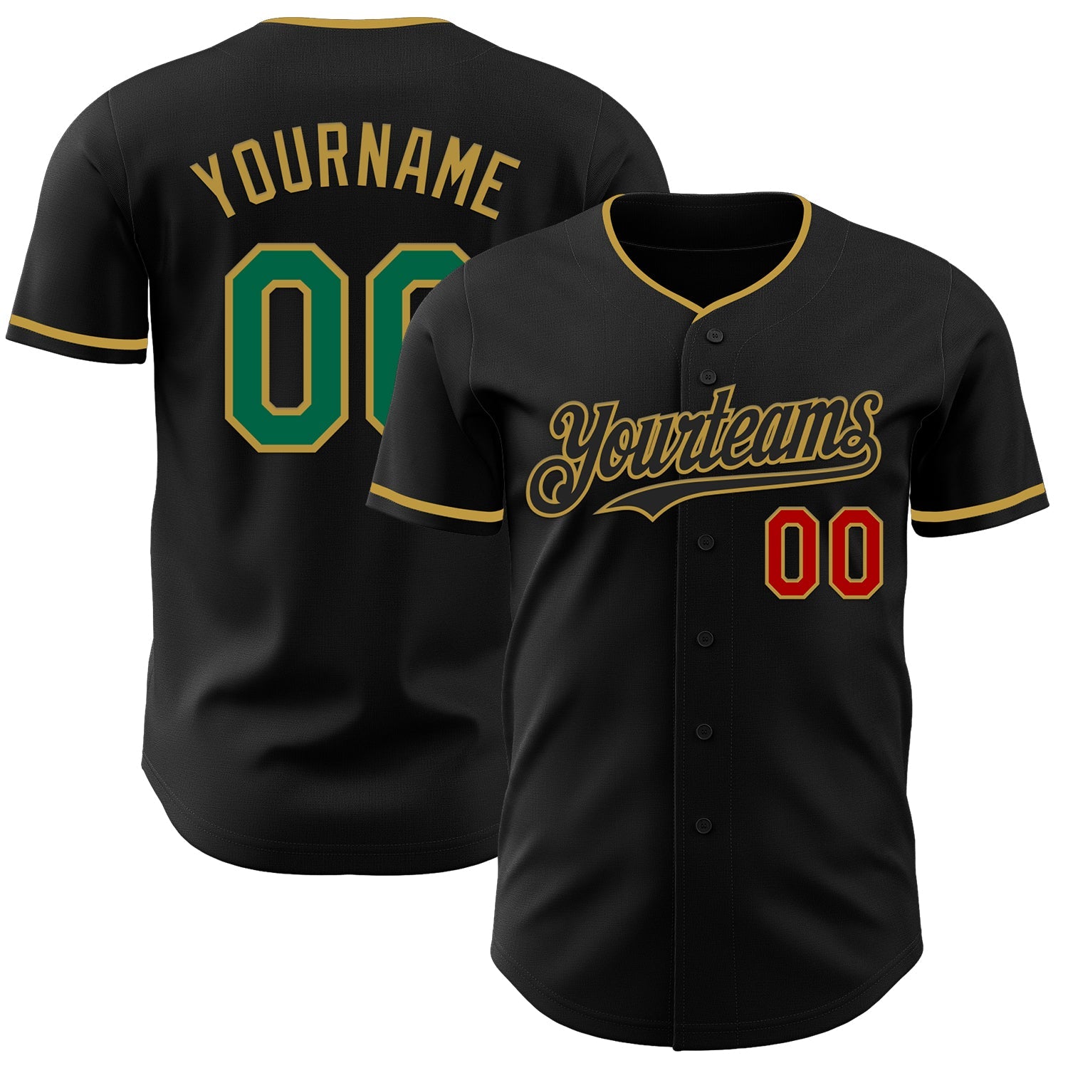 Custom Black Kelly Green Old Gold-Red Authentic Baseball Jersey - Main View