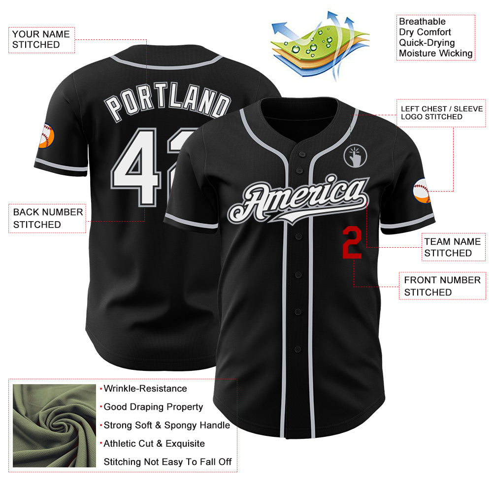 Custom Black White Gray-Red Authentic Baseball Jersey view 3