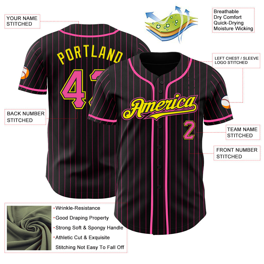 Custom Black Pink Pinstripe Light Yellow Authentic Baseball Jersey view 3
