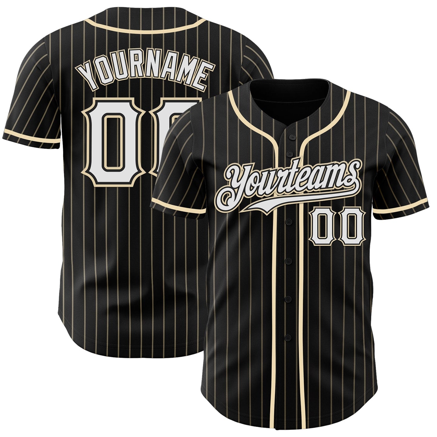 Custom Black Cream Pinstripe White Authentic Baseball Jersey - Main View