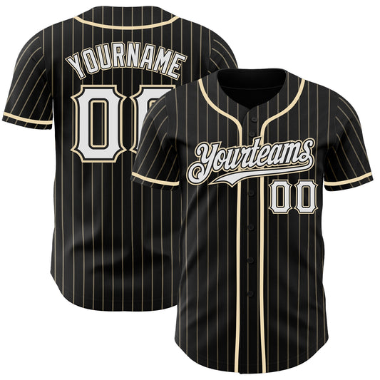 Custom Black Cream Pinstripe White Authentic Baseball Jersey - Main View