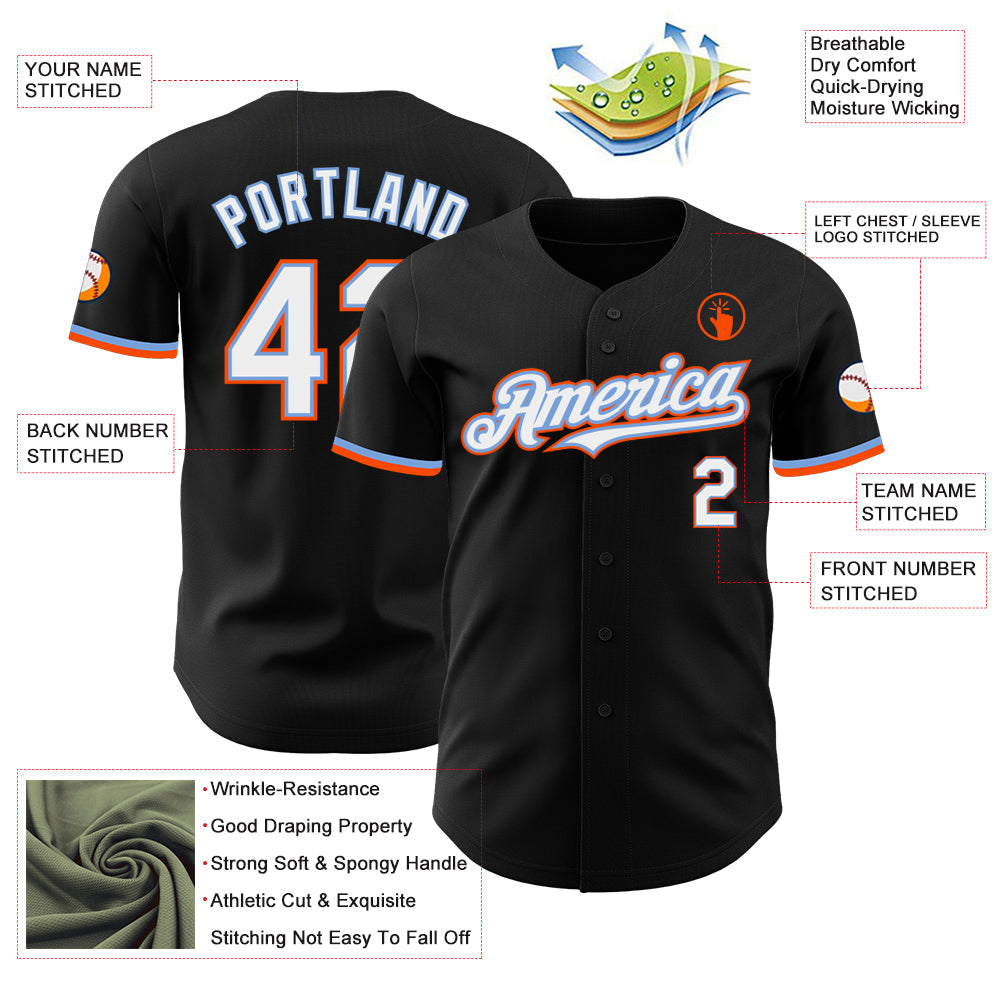 Custom Black White Powder Blue-Orange Authentic Baseball Jersey view 3