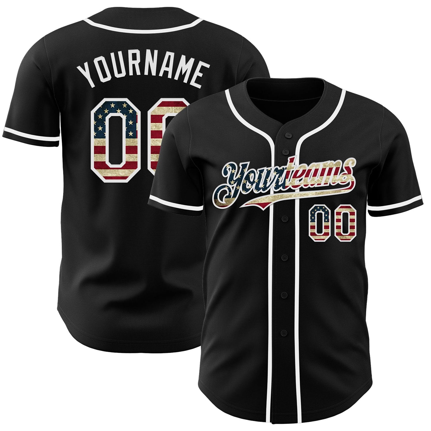 Custom Black Vintage USA Flag-White Authentic Baseball Jersey - Main View