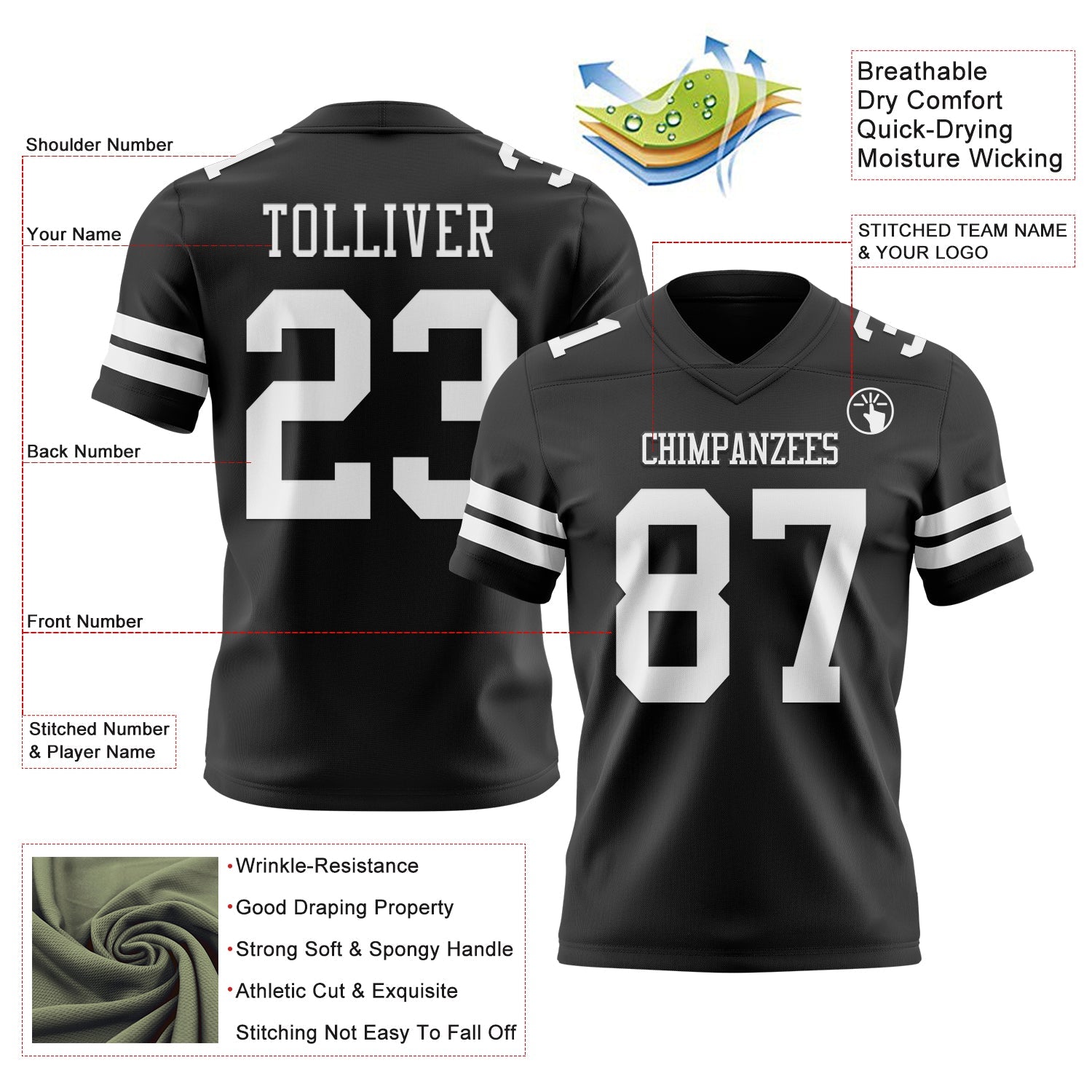 Custom Black White Authentic Football Jersey view 3
