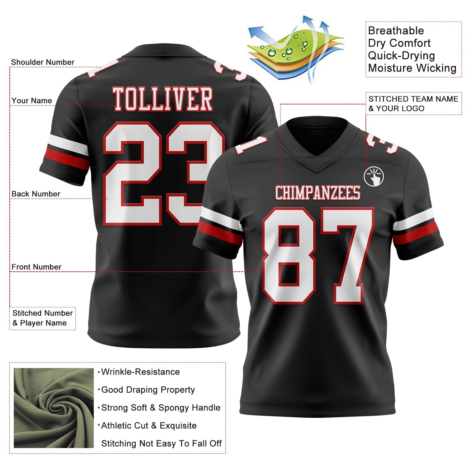Custom Black White-Red Authentic Football Jersey view 3