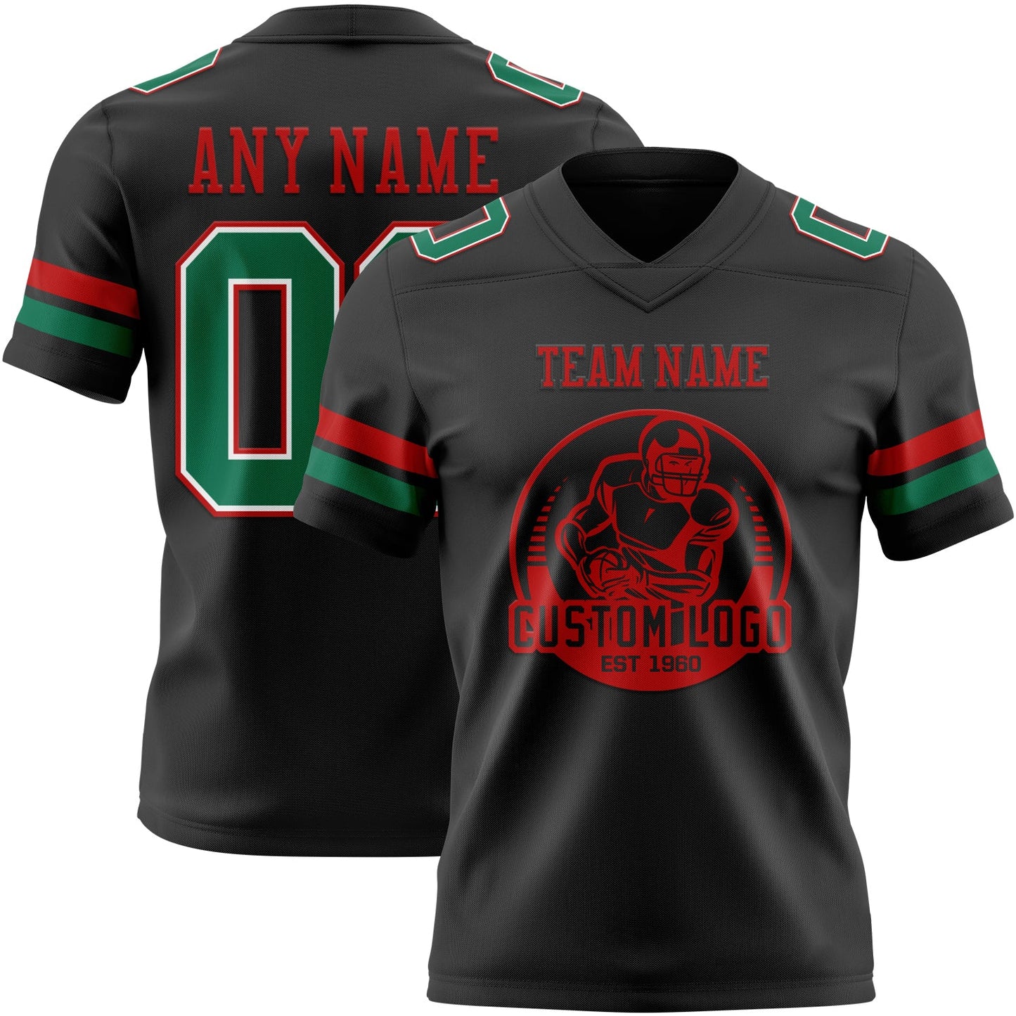 Custom Black Kelly Green White-Red Authentic Football Jersey view 2