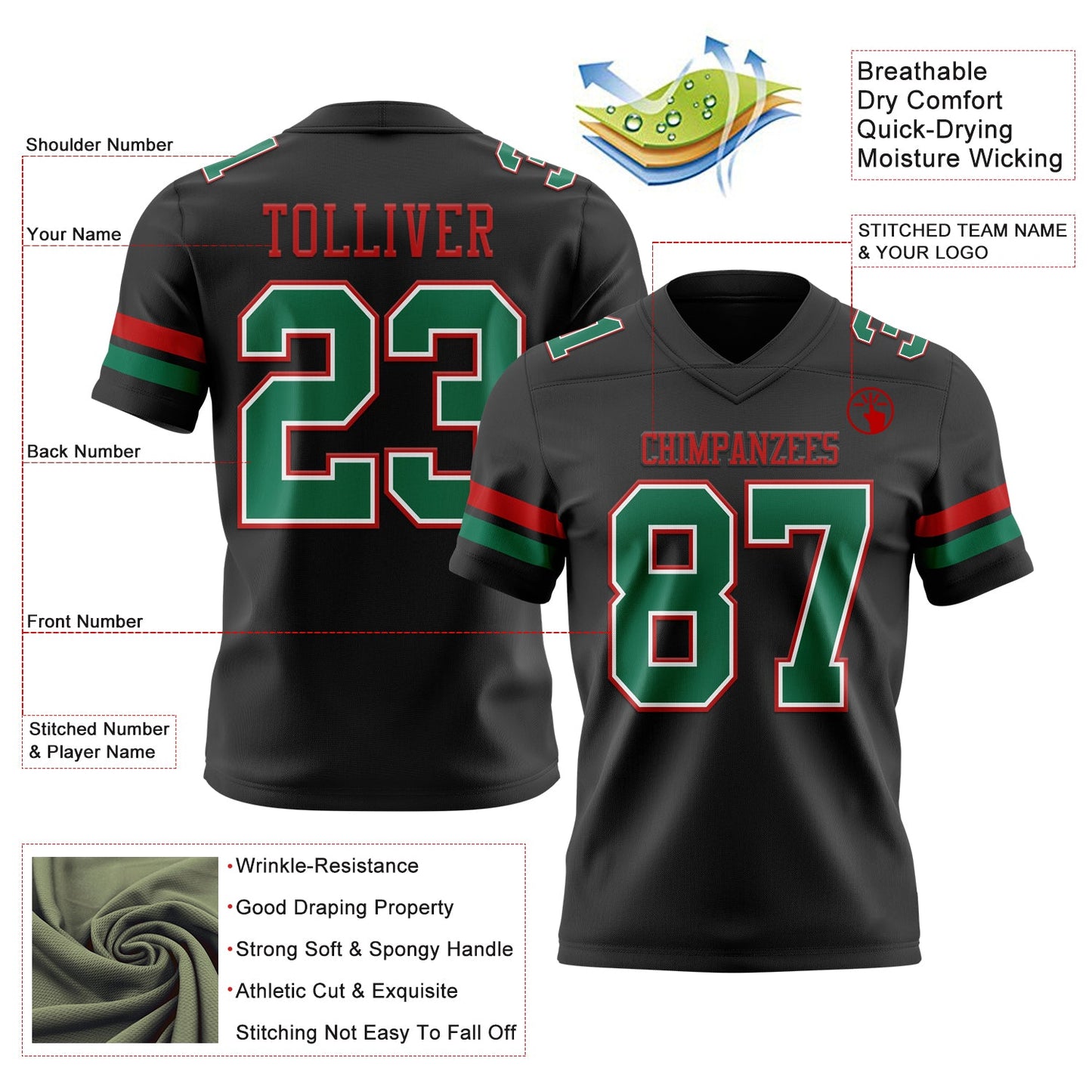 Custom Black Kelly Green White-Red Authentic Football Jersey view 3
