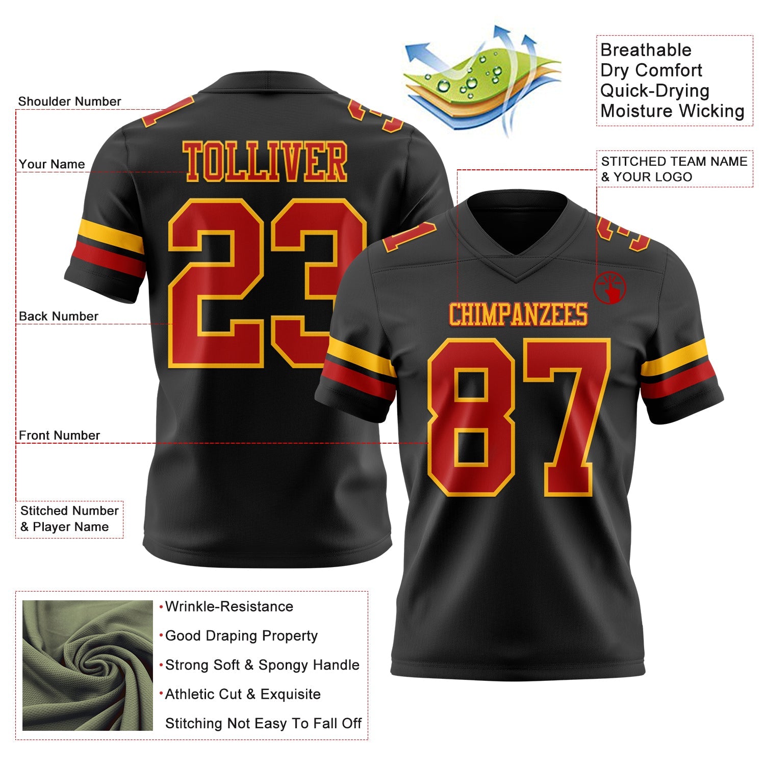 Custom Black Red-Gold Authentic Football Jersey view 3