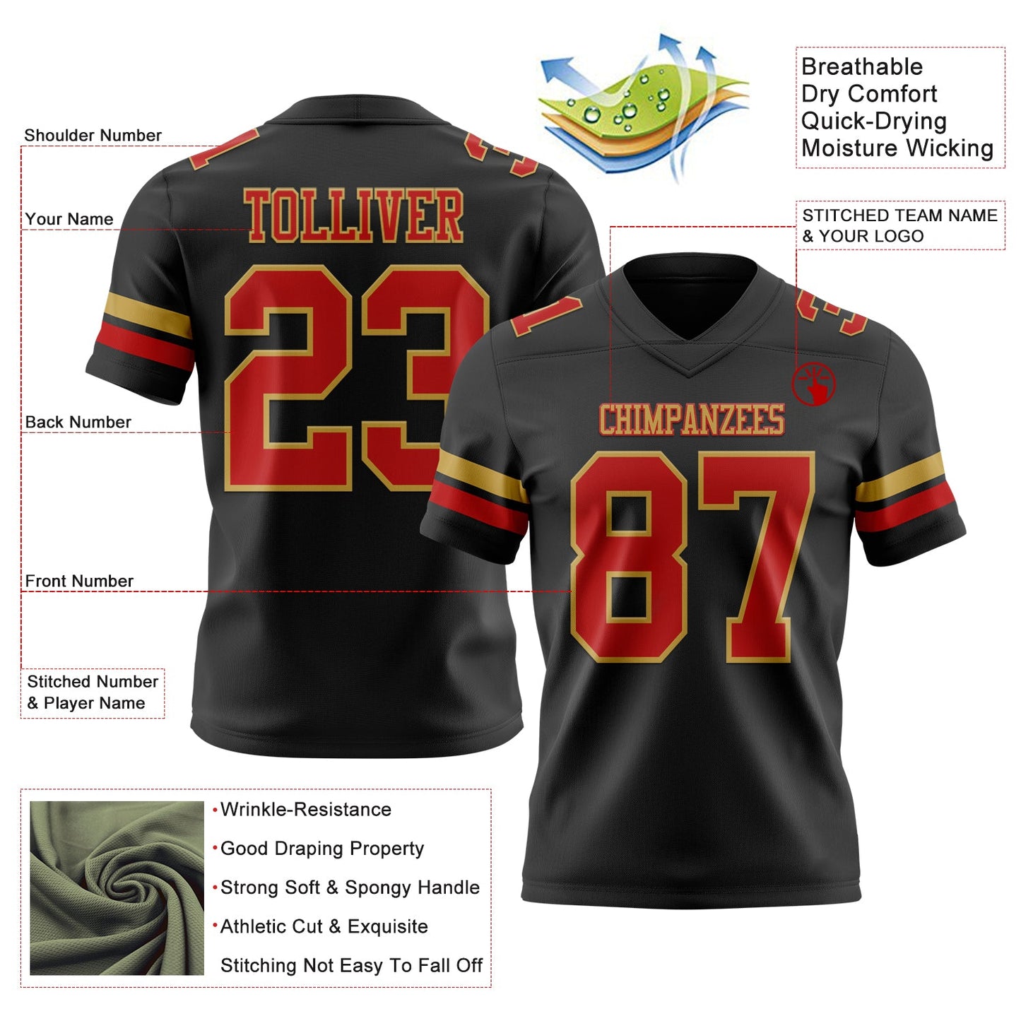 Custom Black Red-Old Gold Authentic Football Jersey view 3