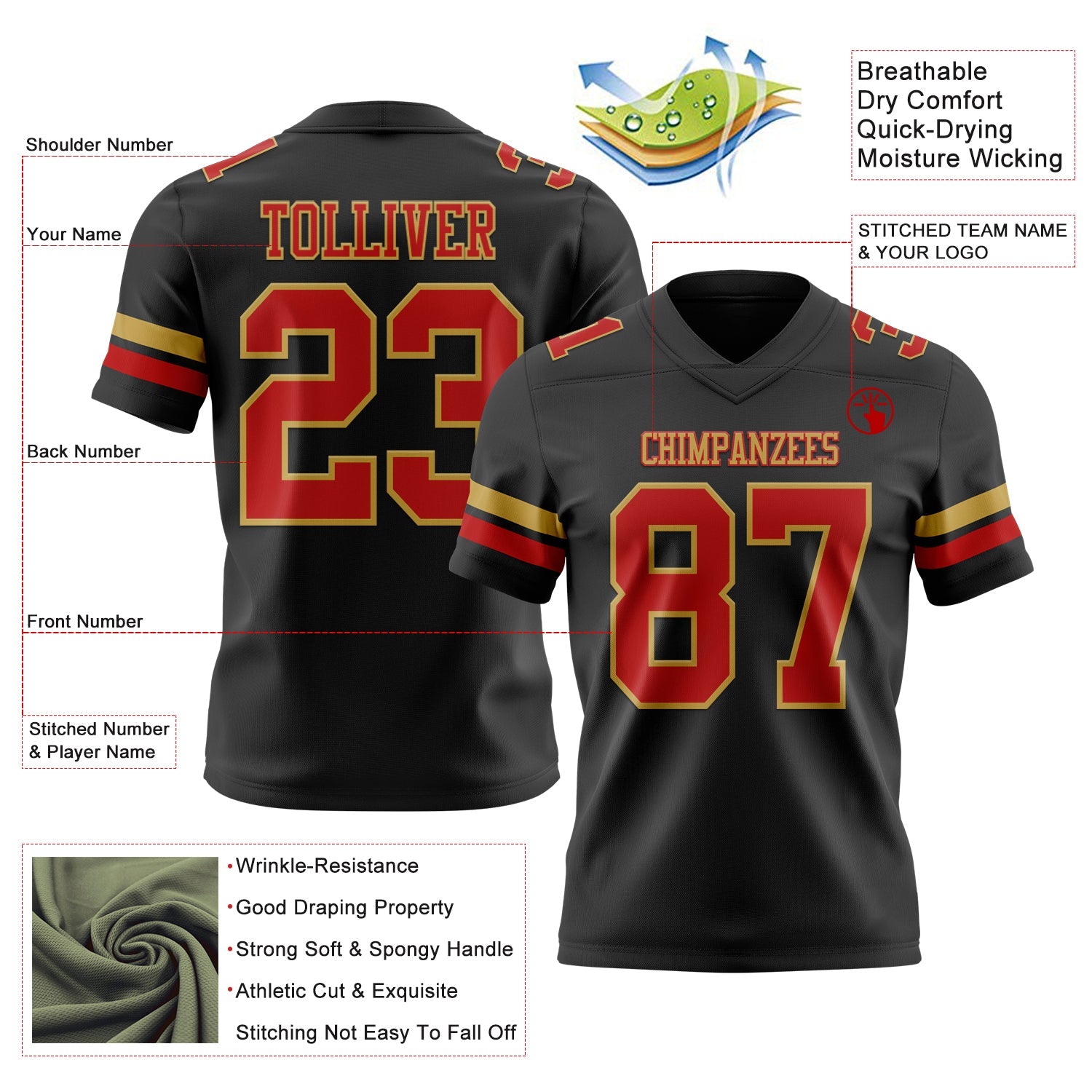 Custom Black Red-Old Gold Authentic Football Jersey view 3