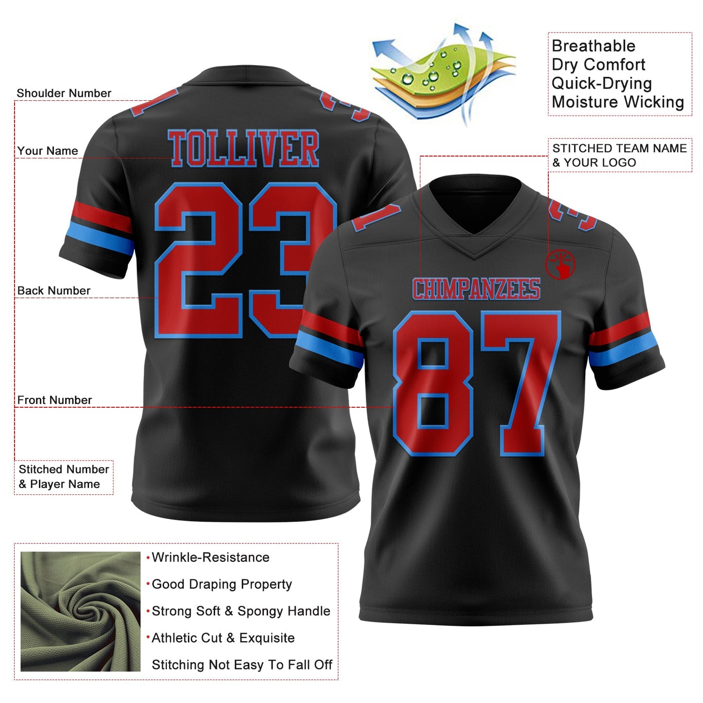 Custom Black Red-Powder Blue Authentic Football Jersey view 3