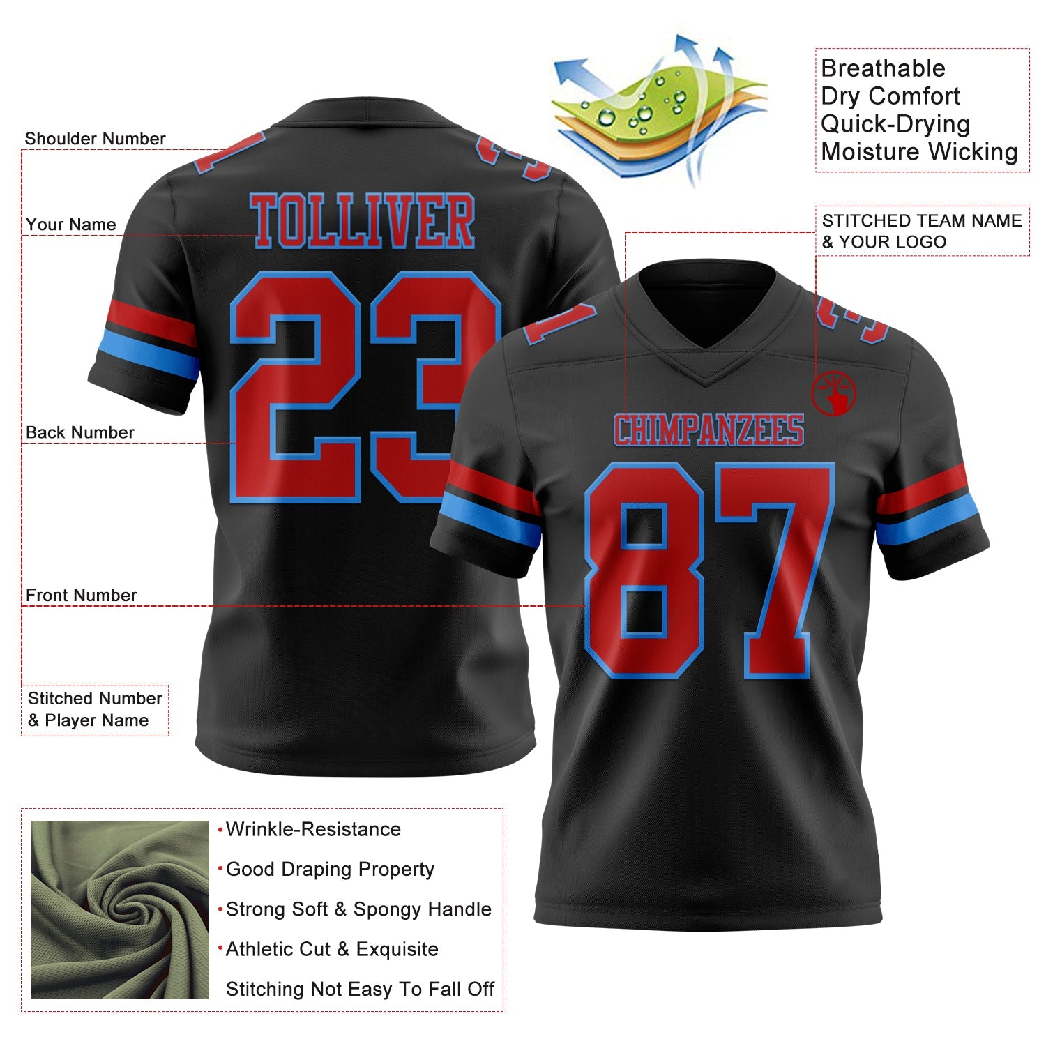 Custom Black Red-Powder Blue Authentic Football Jersey view 3