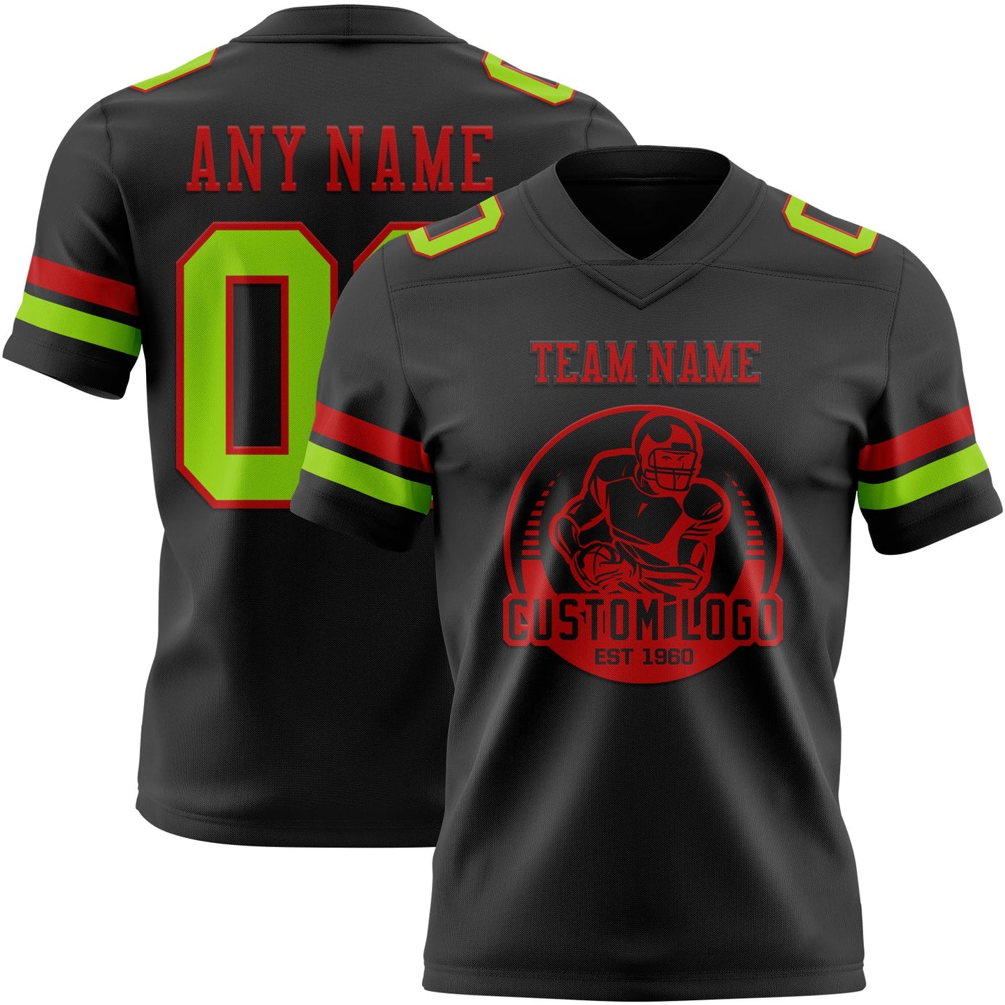 Custom Black Neon Green-Red Authentic Football Jersey view 2