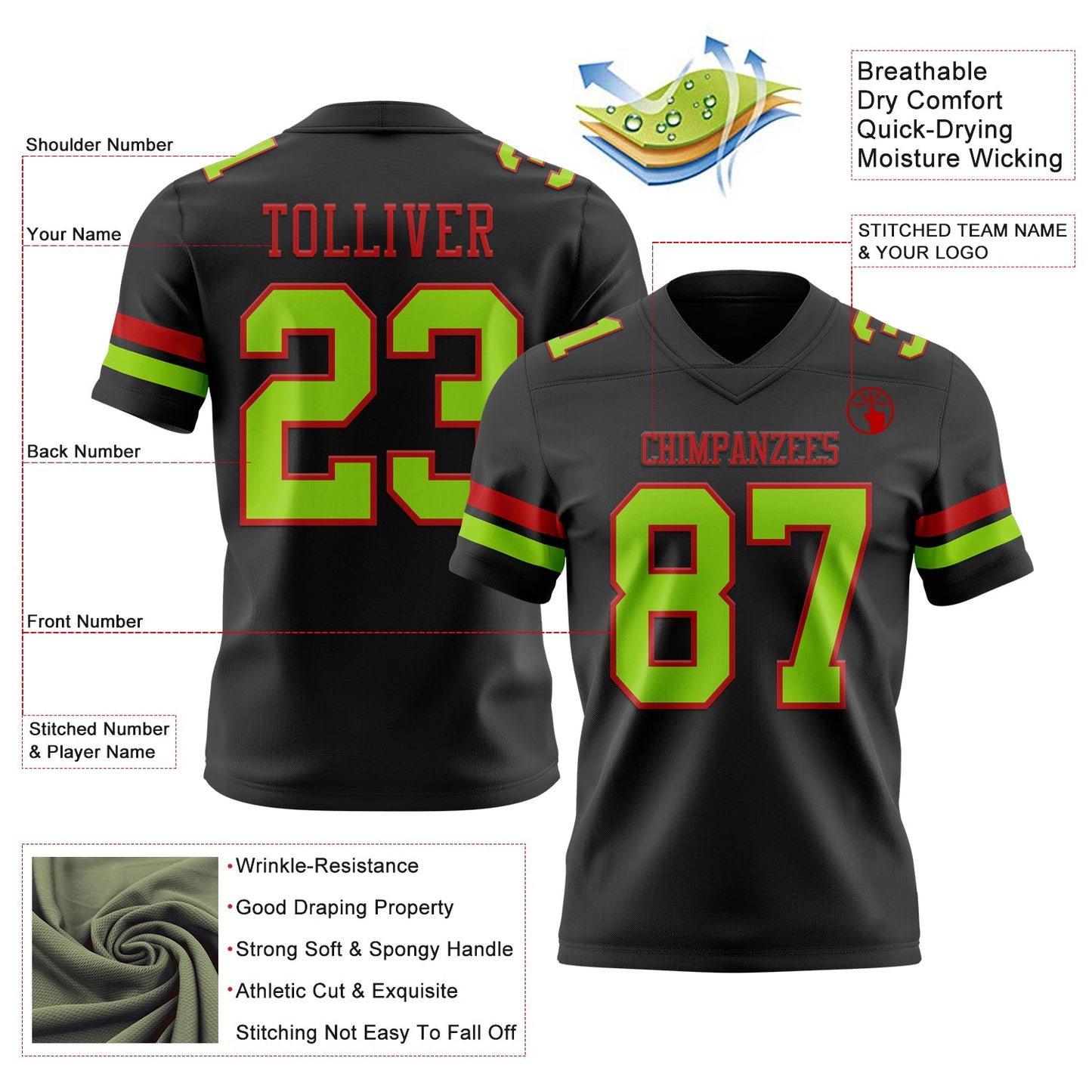 Custom Black Neon Green-Red Authentic Football Jersey view 3