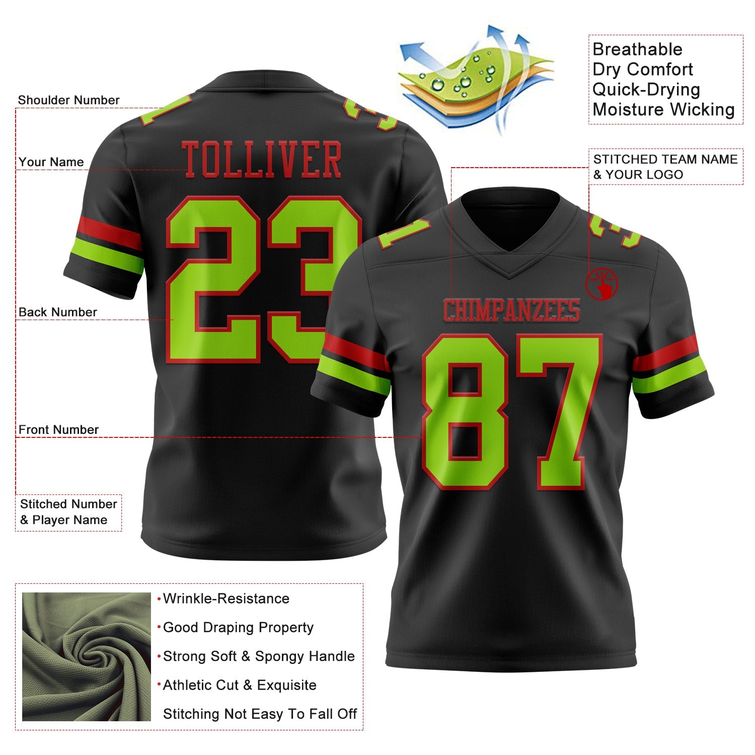 Custom Black Neon Green-Red Authentic Football Jersey view 3