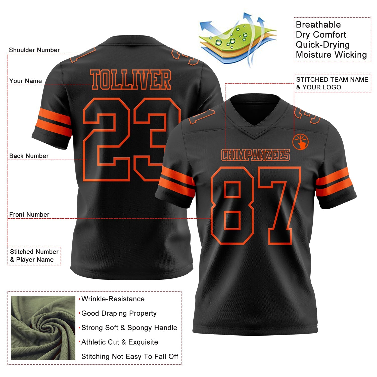 Custom Black Orange Authentic Football Jersey view 3