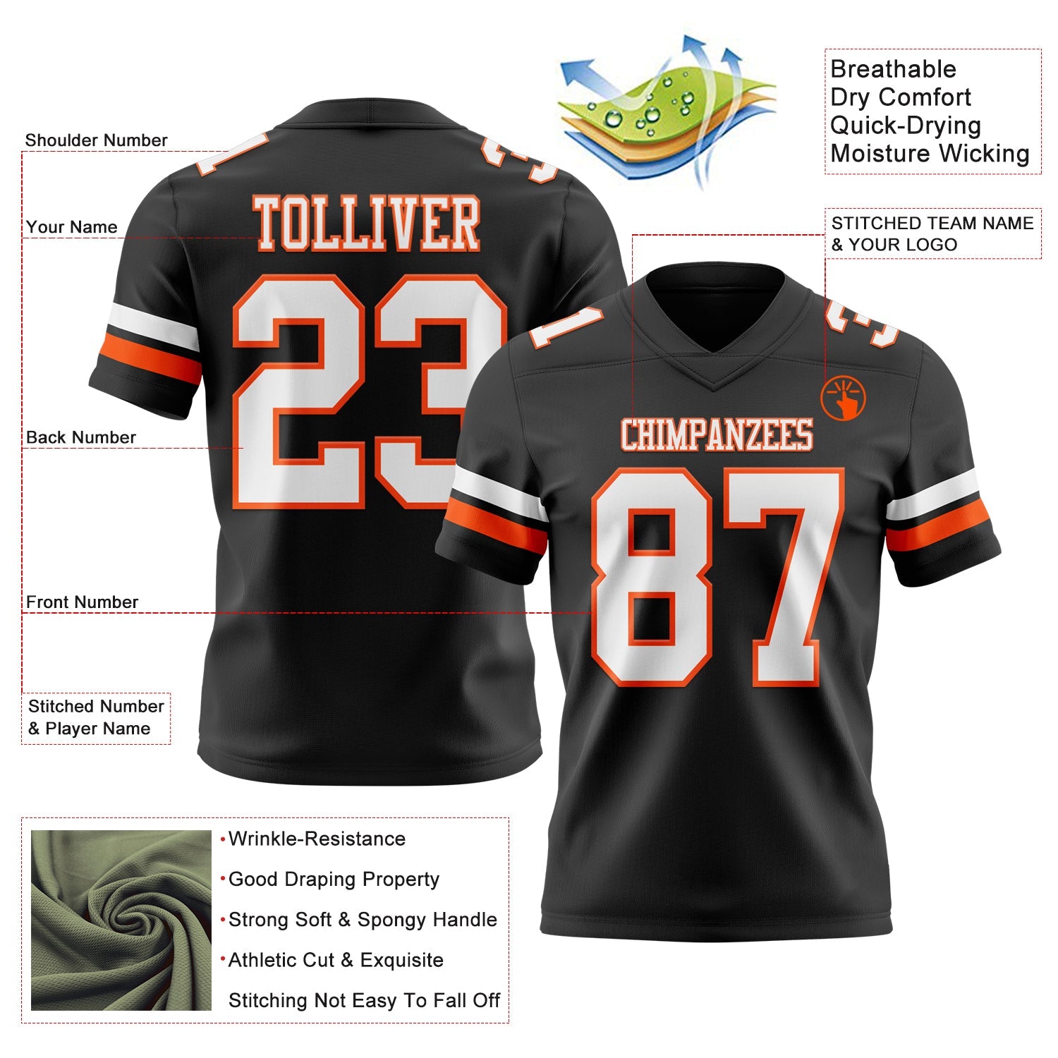 Custom Black White-Orange Authentic Football Jersey view 3