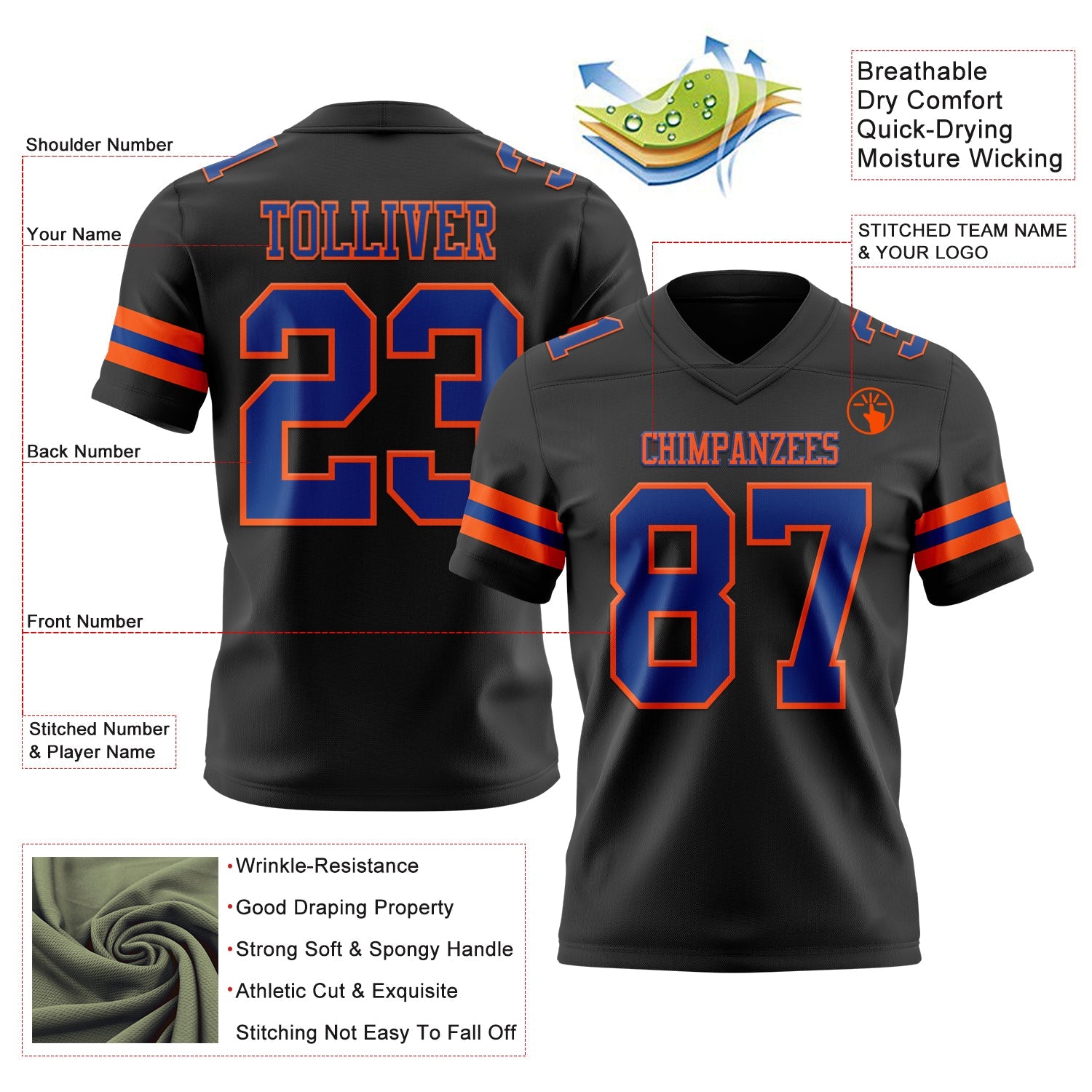 Custom Black Royal-Orange Authentic Football Jersey view 3