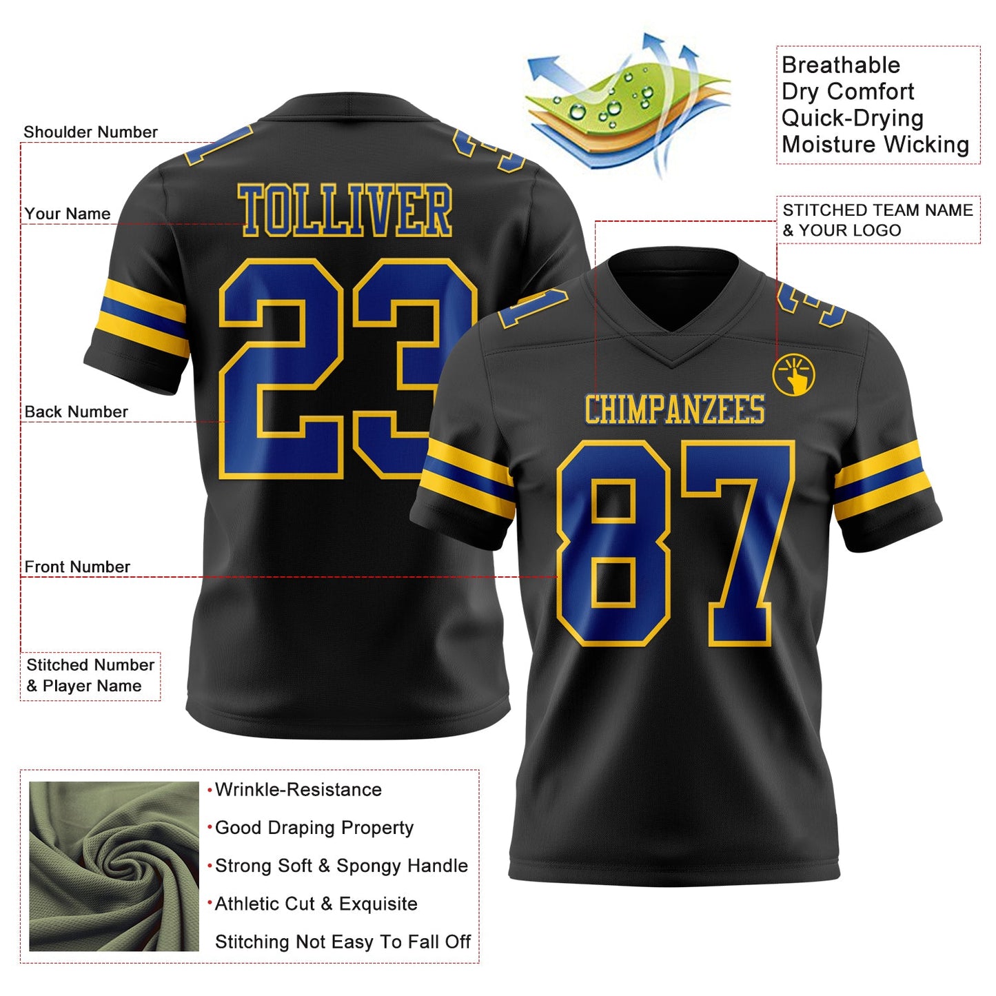 Custom Black Royal-Yellow Authentic Football Jersey view 3
