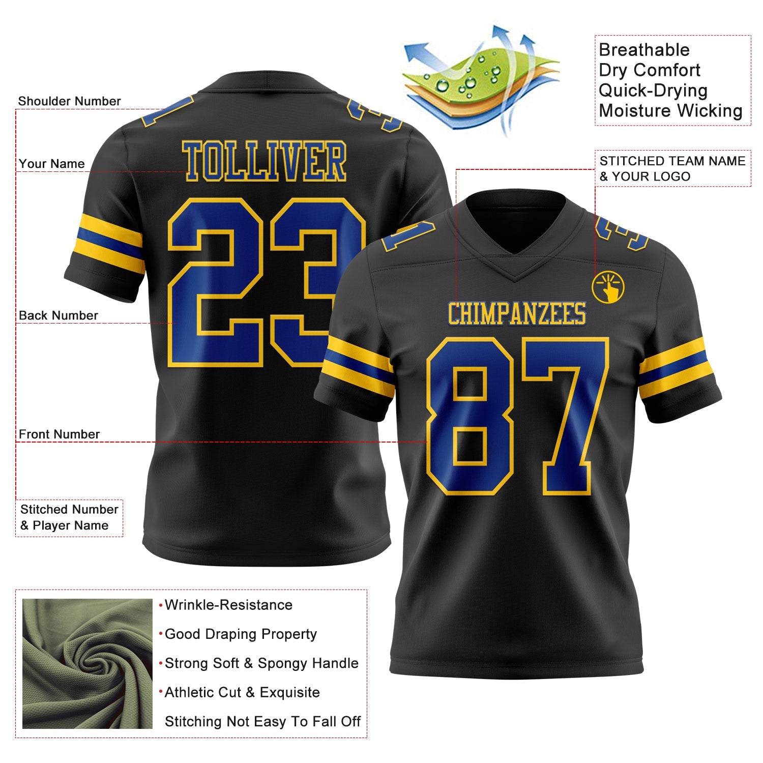 Custom Black Royal-Yellow Authentic Football Jersey view 3