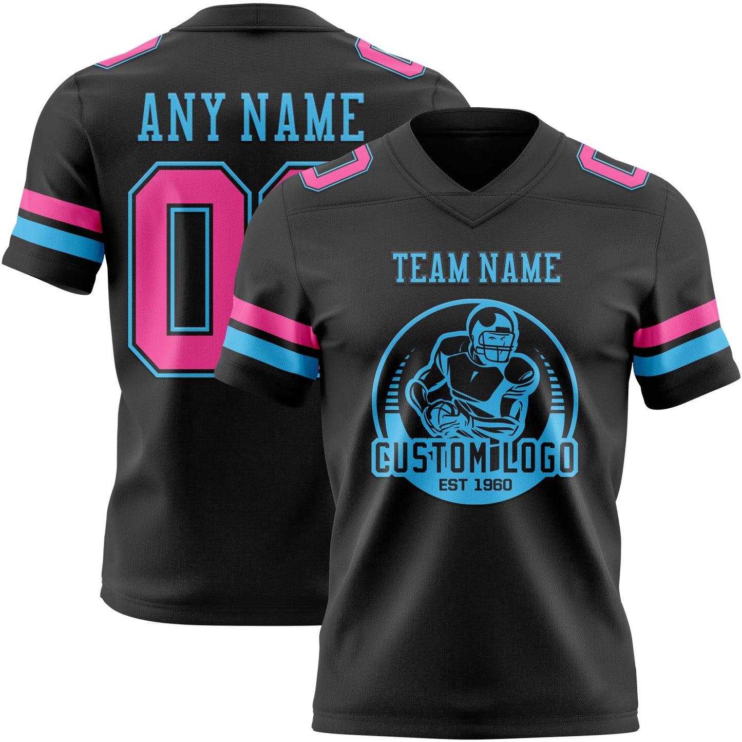 Custom Black Pink-Sky Blue Authentic Football Jersey view 2