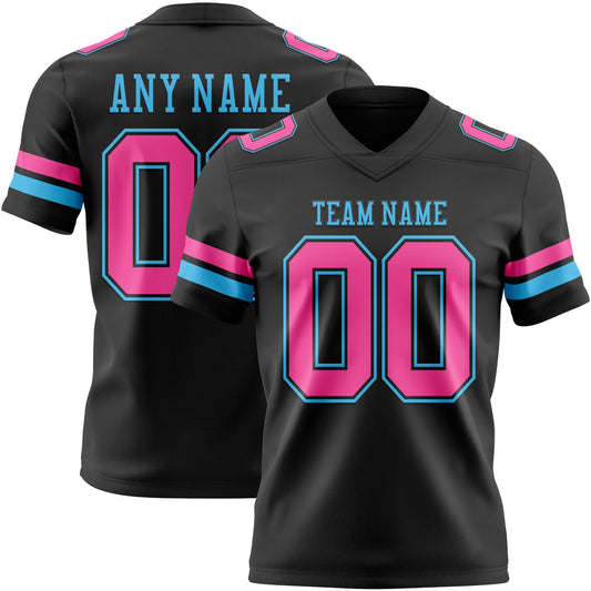 Custom Black Pink-Sky Blue Authentic Football Jersey - Main View