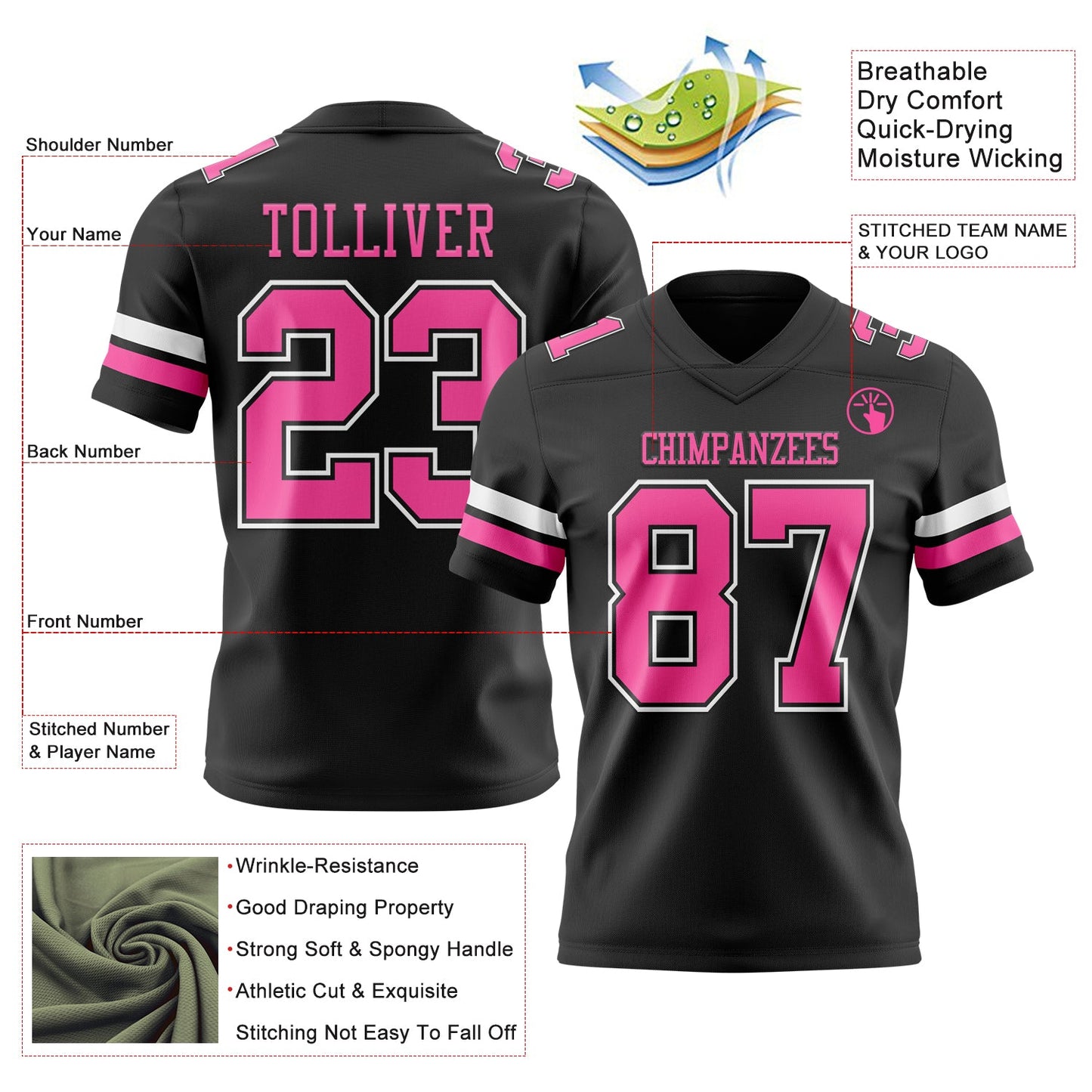 Custom Black Pink-White Authentic Football Jersey view 3