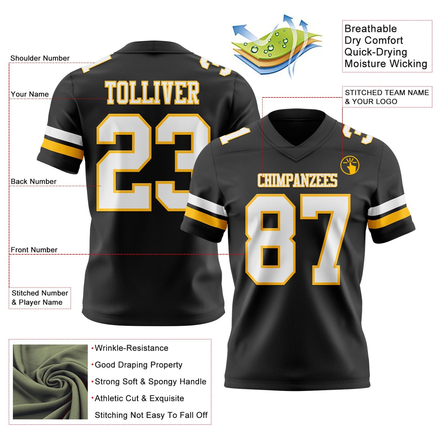 Custom Black White-Gold Authentic Football Jersey view 3