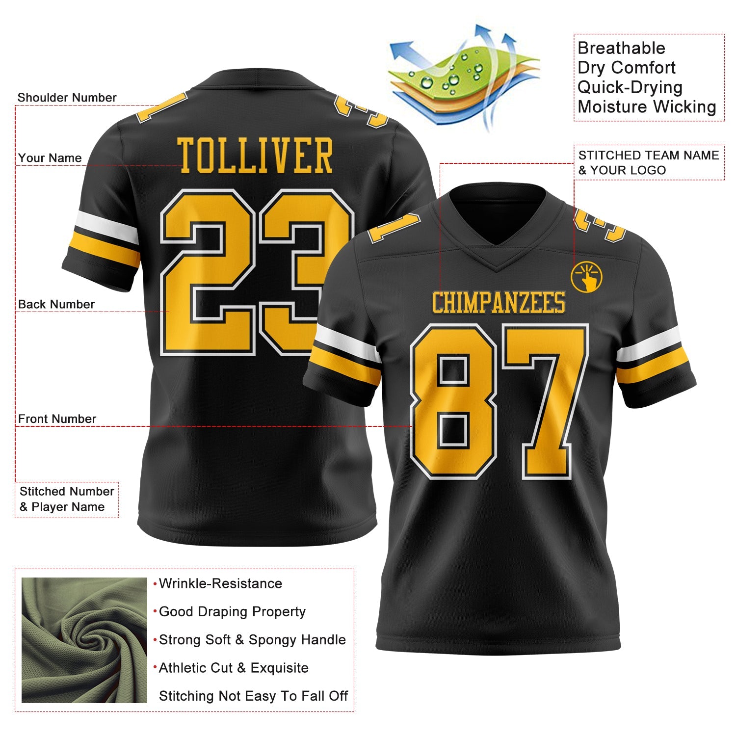 Custom Black Gold-White Authentic Football Jersey view 3