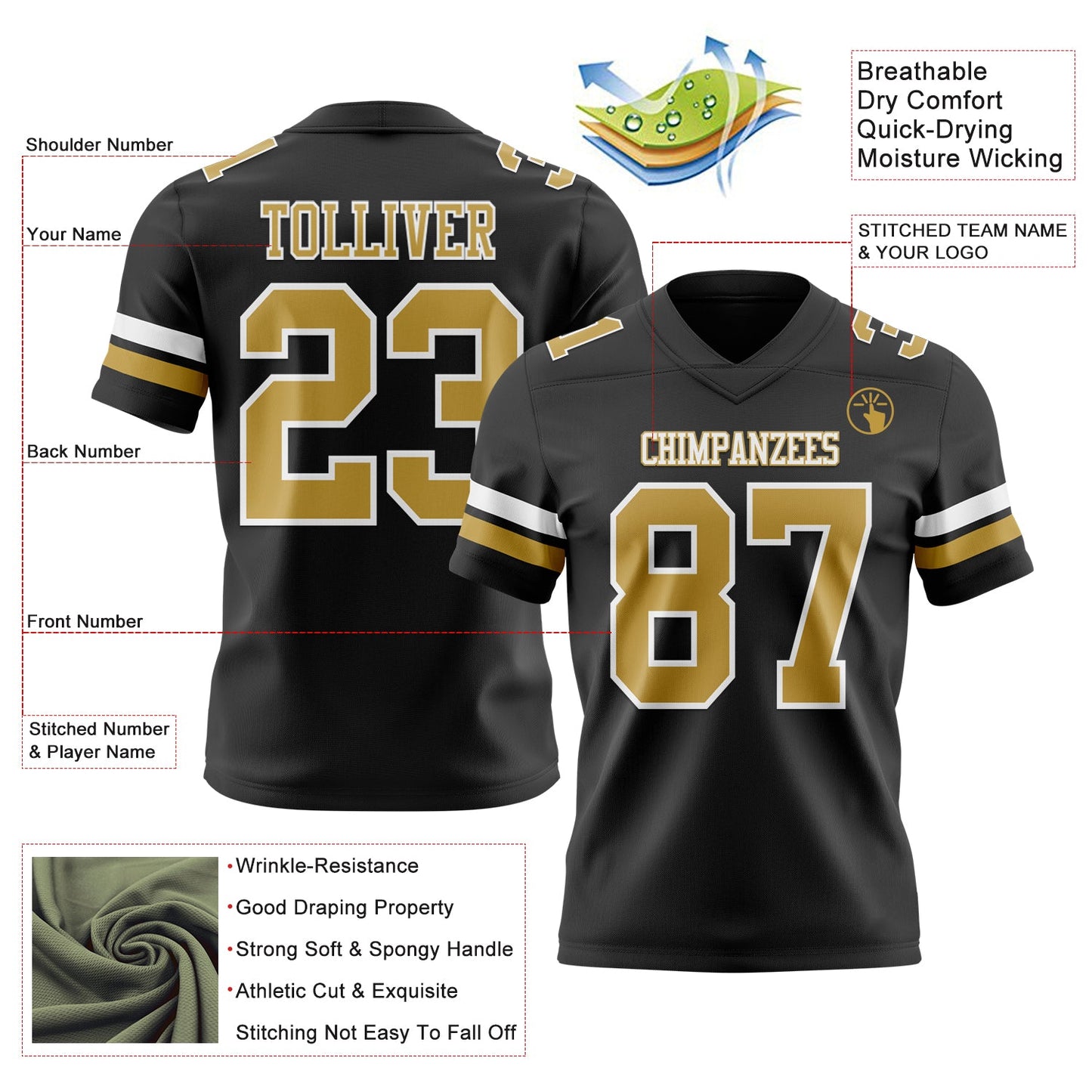Custom Black Old Gold-White Authentic Football Jersey view 3