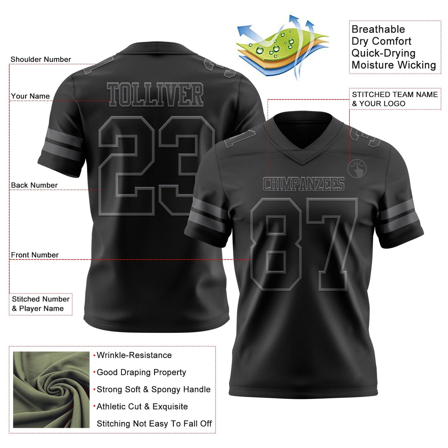 Custom Black Steel Gray Authentic Football Jersey view 3