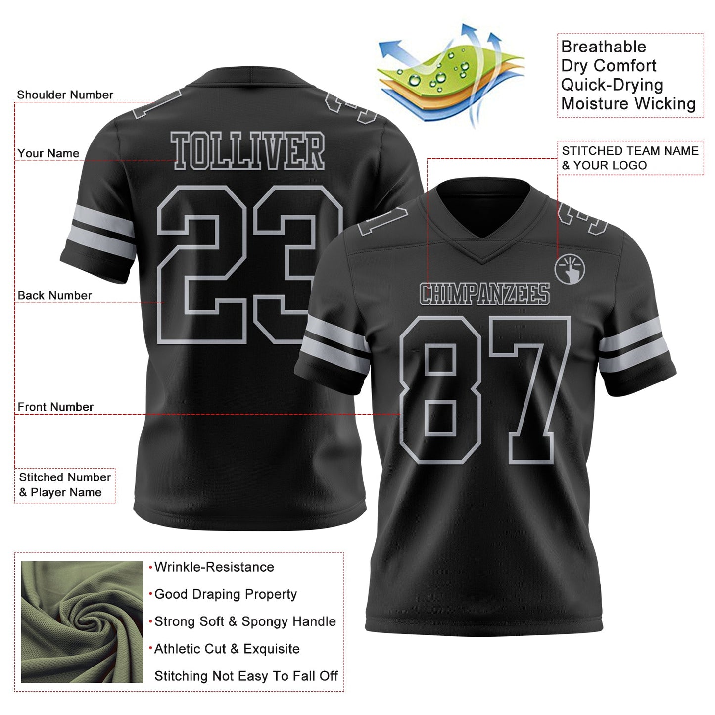 Custom Black Gray Authentic Football Jersey view 3