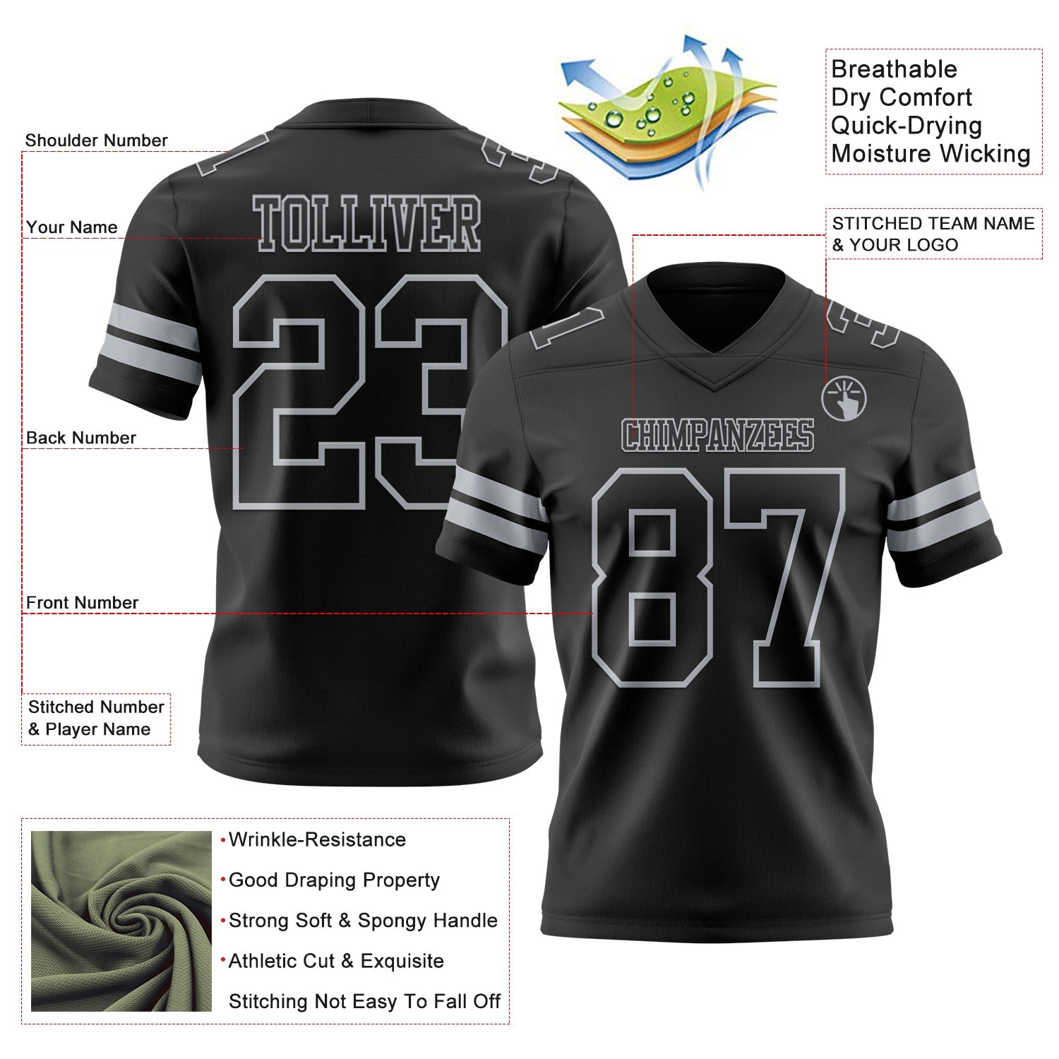Custom Black Gray Authentic Football Jersey view 3
