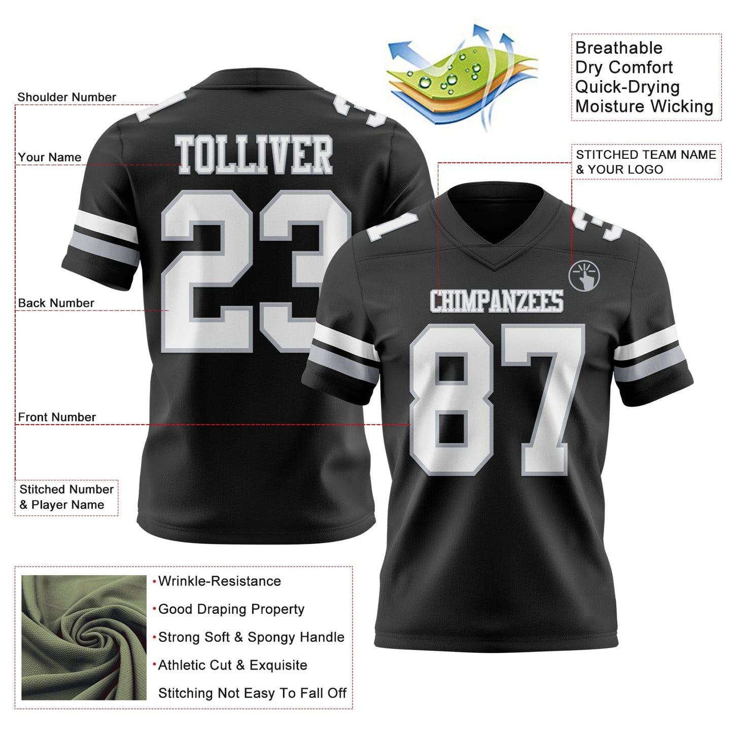 Custom Black White-Gray Authentic Football Jersey view 3