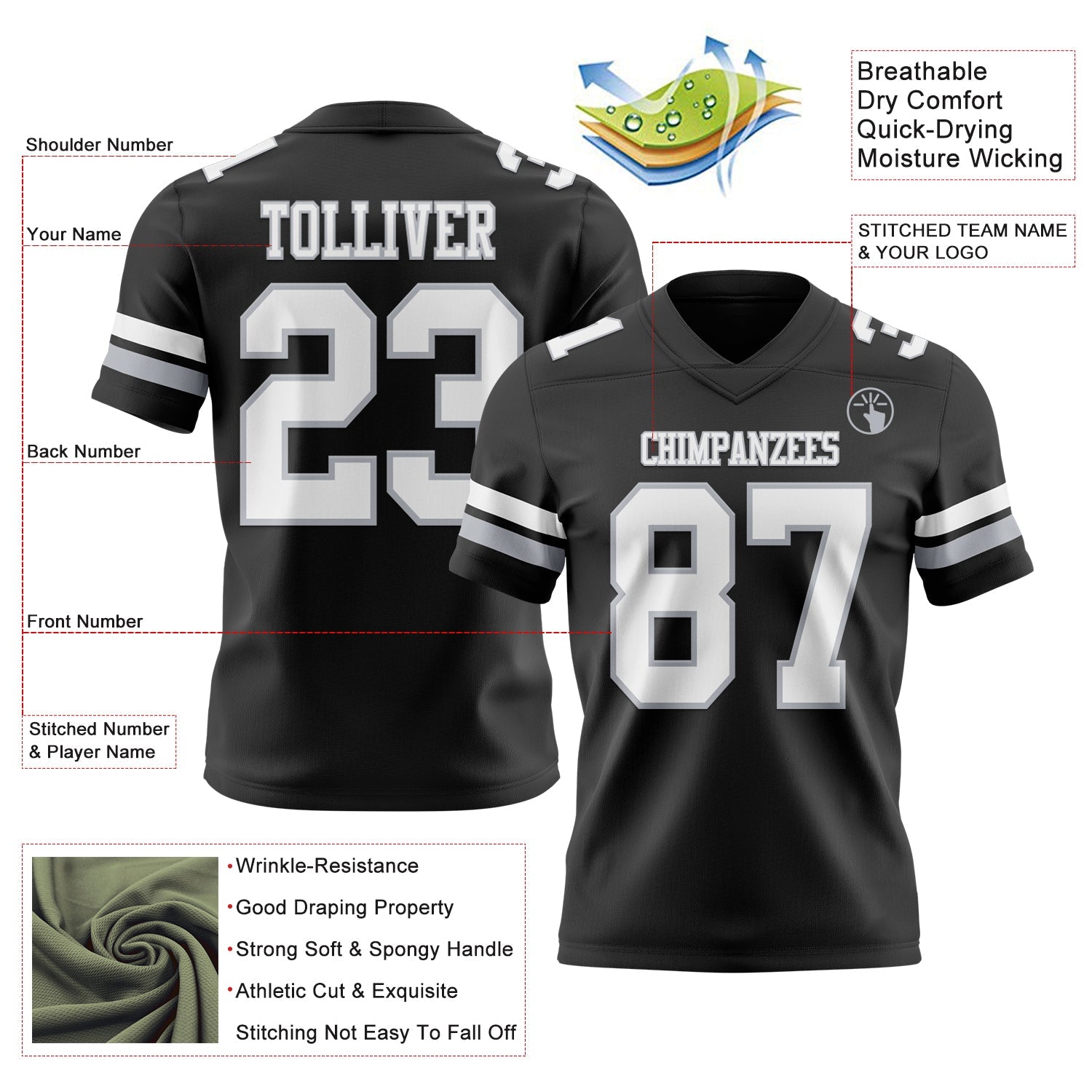 Custom Black White-Gray Authentic Football Jersey view 3