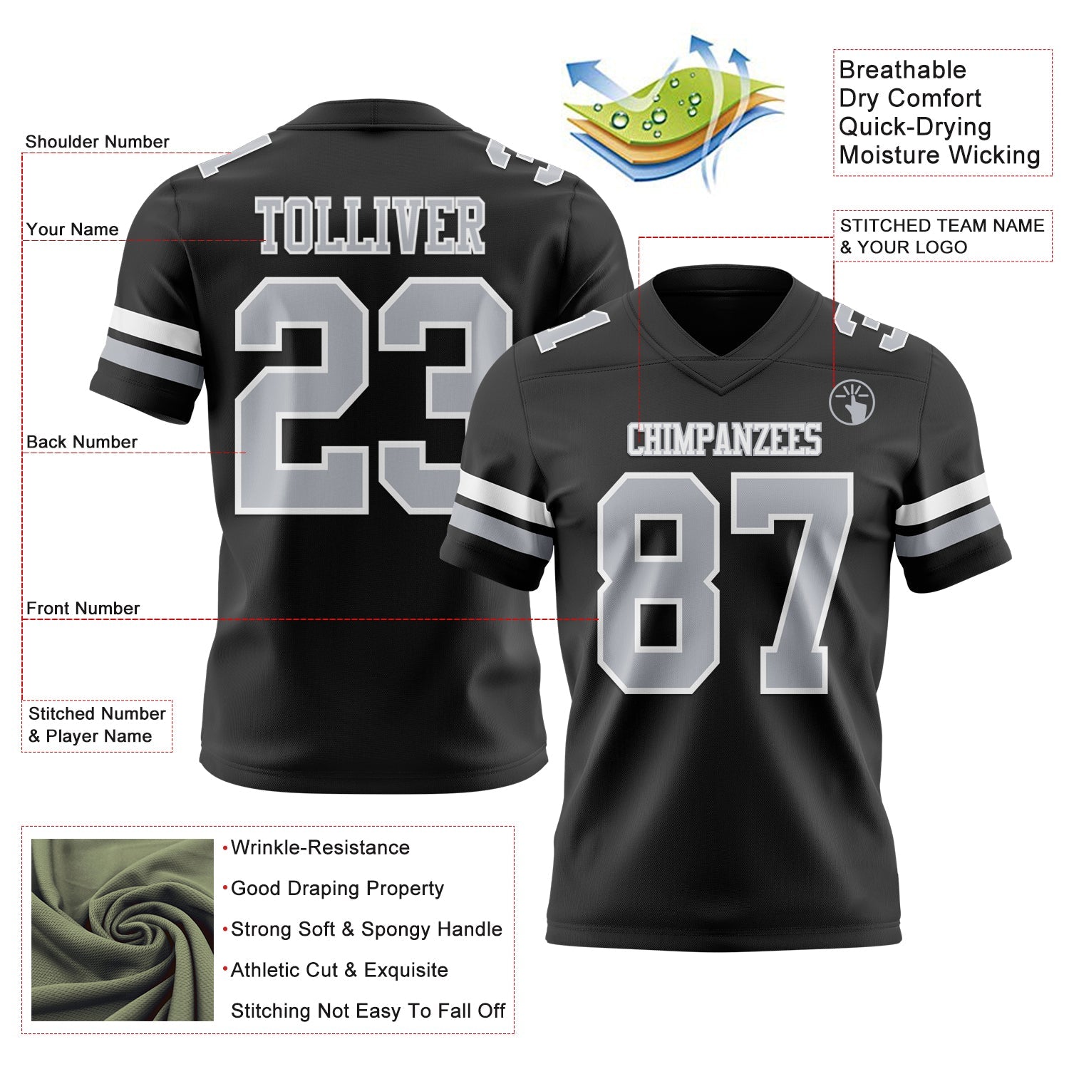 Custom Black Gray-White Authentic Football Jersey view 3