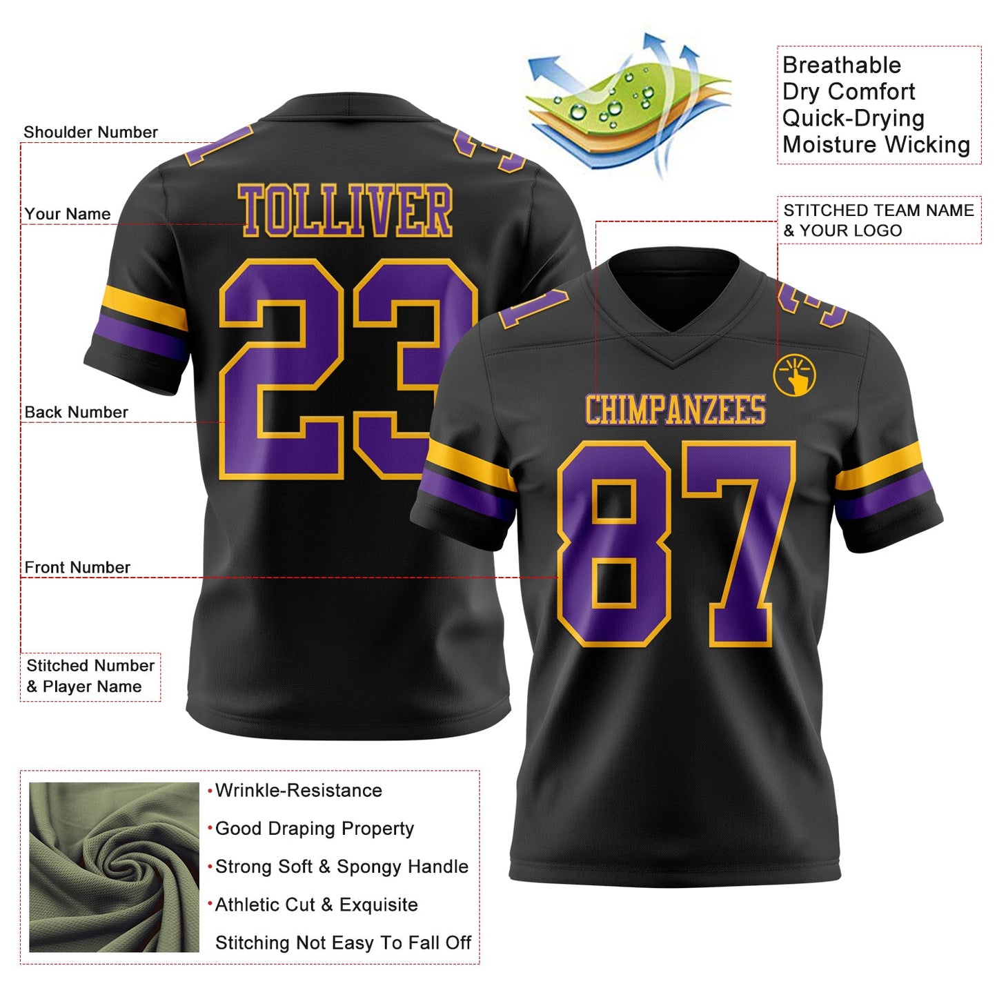 Custom Black Purple-Gold Authentic Football Jersey view 3