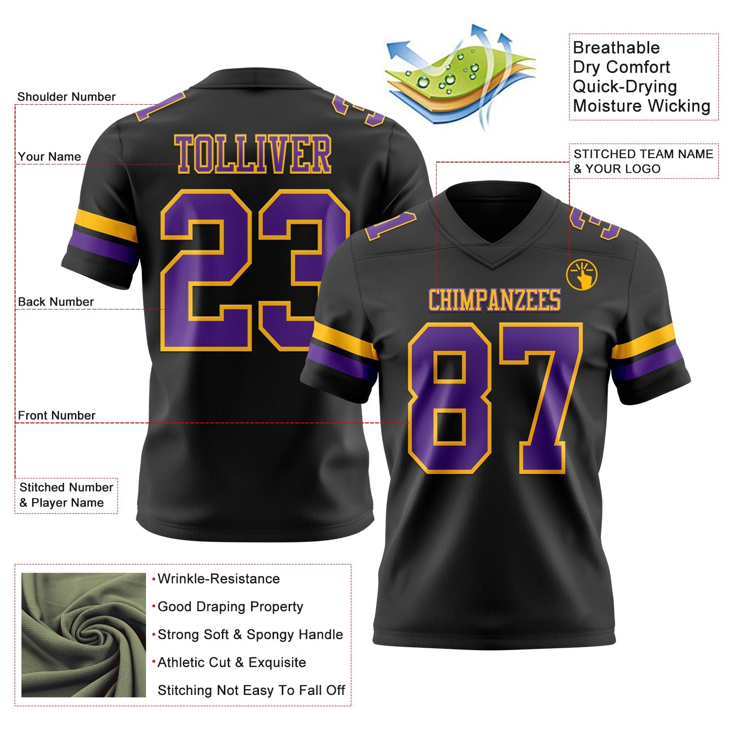 Custom Black Purple-Gold Authentic Football Jersey view 3