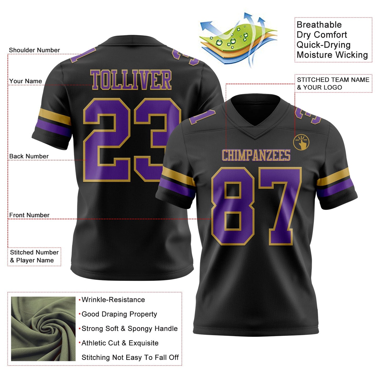 Custom Black Purple-Old Gold Authentic Football Jersey view 3