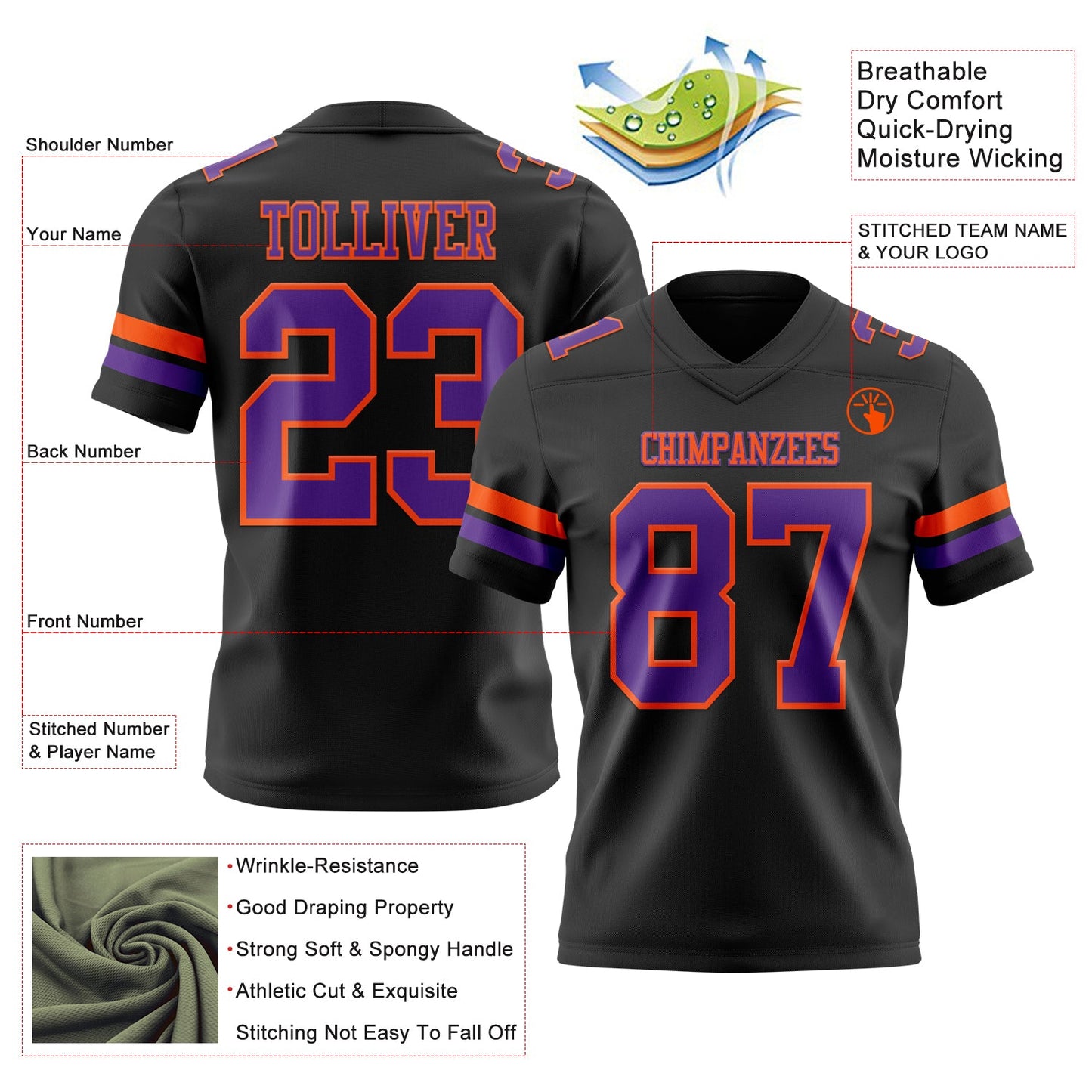 Custom Black Purple-Orange Authentic Football Jersey view 3