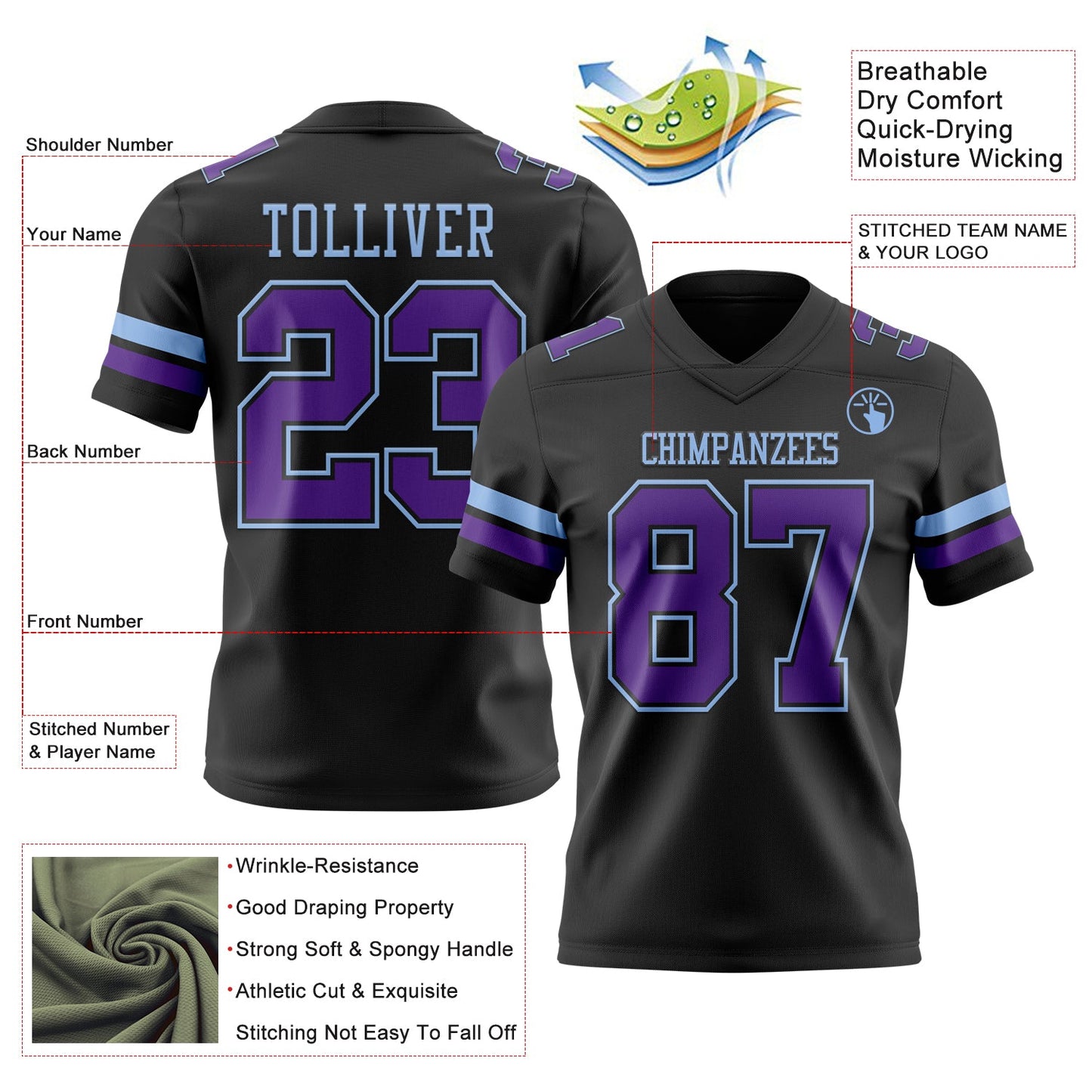 Custom Black Purple-Light Blue Authentic Football Jersey view 3