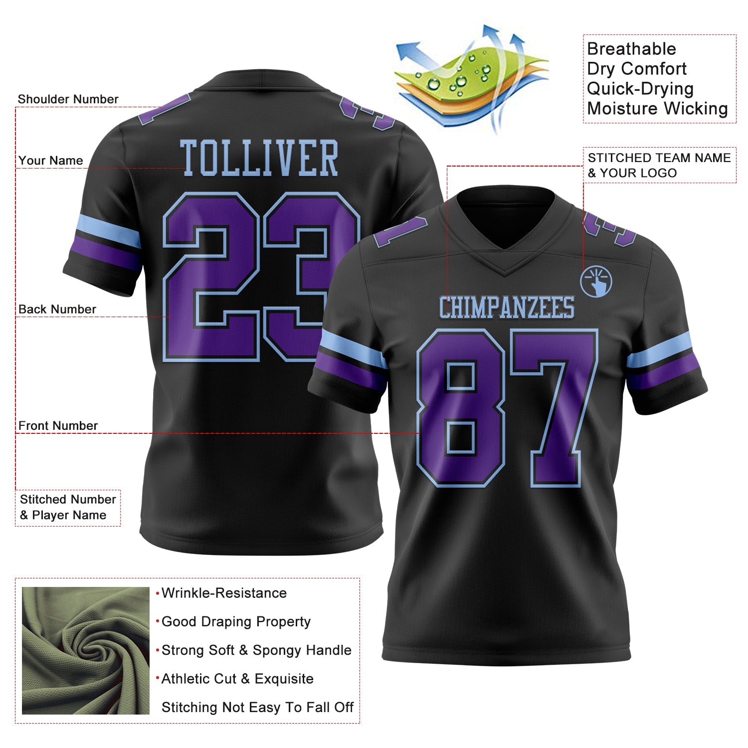 Custom Black Purple-Light Blue Authentic Football Jersey view 3