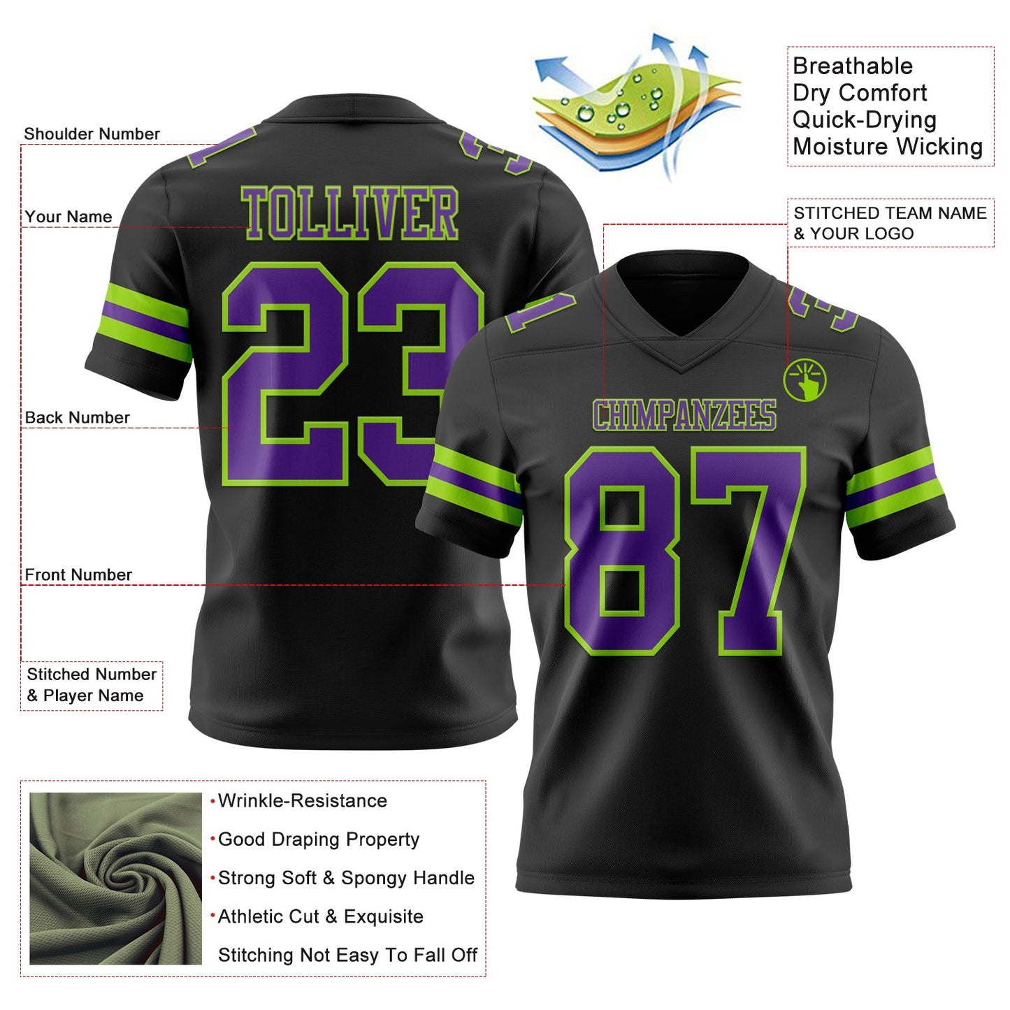 Custom Black Purple-Neon Green Authentic Football Jersey view 3