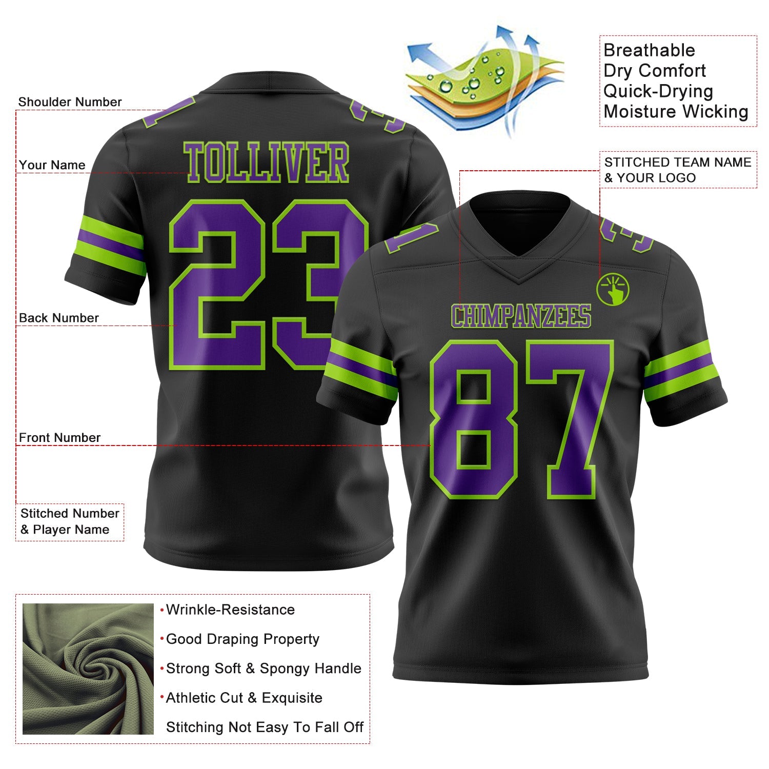 Custom Black Purple-Neon Green Authentic Football Jersey view 3