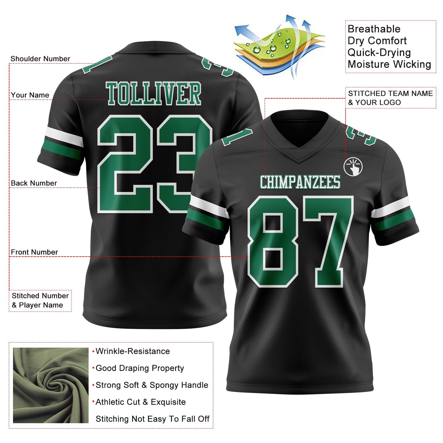 Custom Black Kelly Green-White Authentic Football Jersey view 3